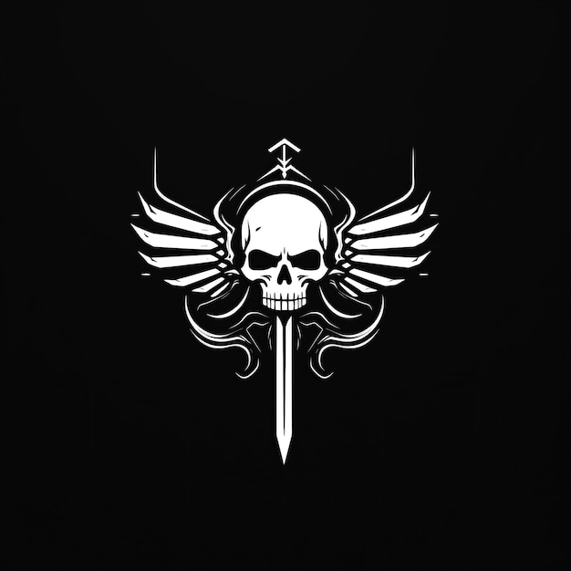 Photo logo emblem symbol with a white skull pirate with a sword on a black isolated background