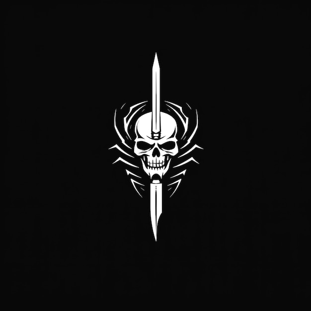 Photo logo emblem symbol with a white skull pirate with a sword on a black isolated background