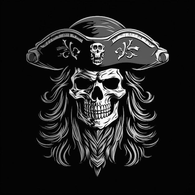 Foto tatuaggio con emblema del logo con il teschio di un pirata morto in un cappello su uno sfondo nero isolato