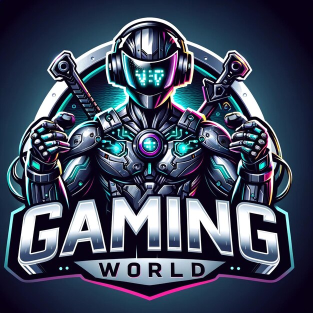 Premium Photo A logo for Gaming World featuring a character that