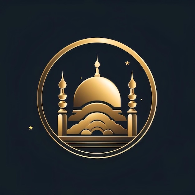 Foto logo illustrazione in oro simbolo moschea in cerchio sfondo scuro moschea come luogo di preghiera per i musulmani un momento per incontrarsi con allah