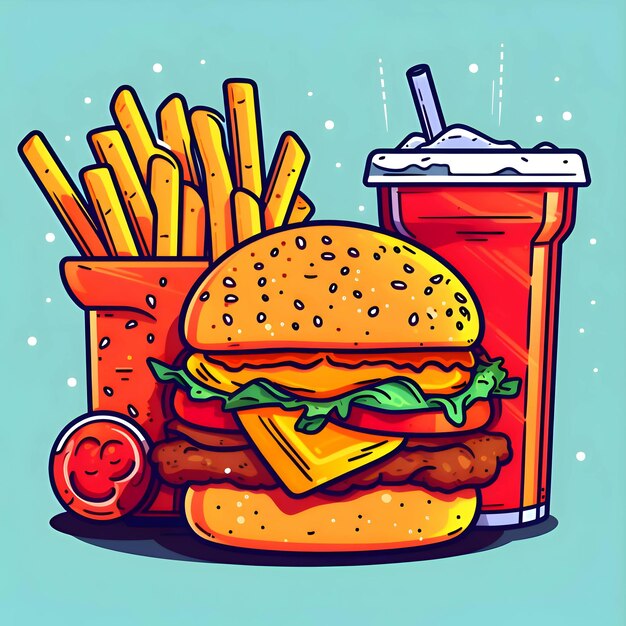 Logo hamburger cola and fries on a blue background