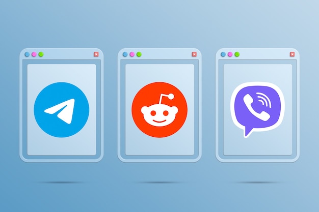 Logo icon telegram reddit and viber on browser windows 3d