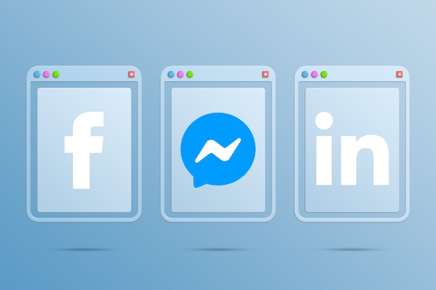 Logo icoon facebook linkedin en messenger in browser windows 3d