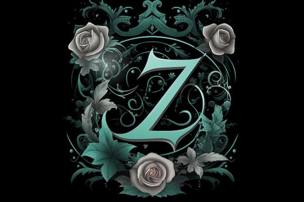 Logo in tattoostijl met letter Z rozen filigraan groenblauw en zilver