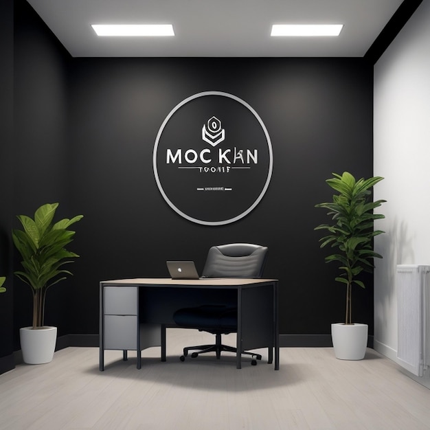 Logo mockup op zwarte muur kantoorkamer