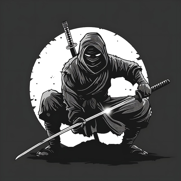 Logo Ninja Holding a Kusarigama With a Stealthy Look Crouching in Tshirt Tattoo Collage Design Art