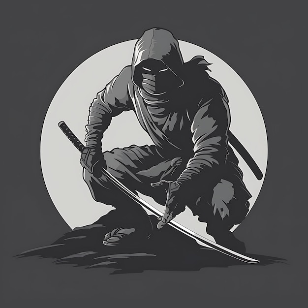 Logo Ninja With a Kusarigama Masked and Stealthy Crouched and Rea Tshirt Tattoo Collage Design Art