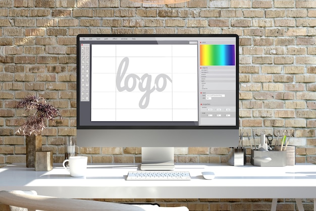 Logo ontwerp scherm computer op een desktop 3D-rendering