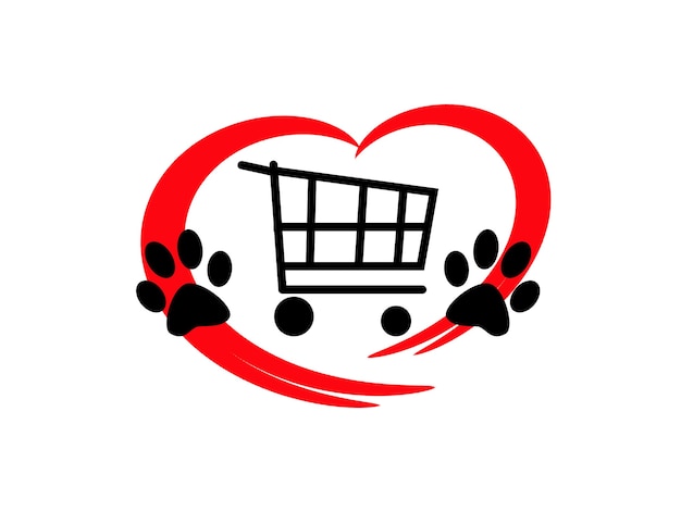 Photo logo of pet products, red heart and animal paws, time to buy, concept.