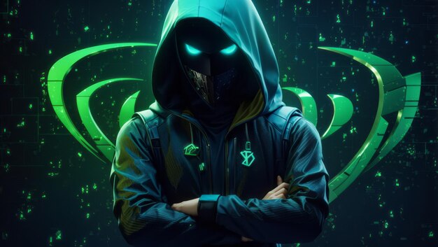 logo showing a hooded rider hacker with his arms crossed blue pixar style green matrix background