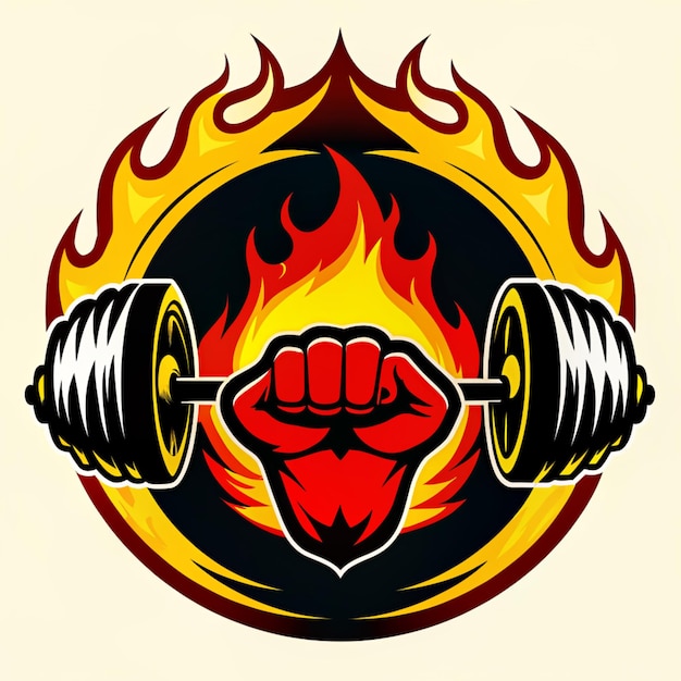 The logo of a silhouette of a figure in the shape of a muscular body with fire