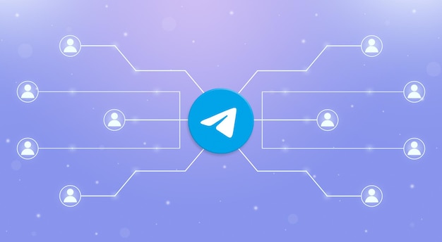 Logo del social network telegram con un sistema unito di utenti intorno a 3d