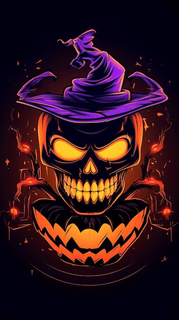 a logo that combines the allure of neon lights with the sinister charm of a Halloween skull pumpkin