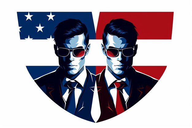 Logo of two men detectives in red and blue USA flag colors