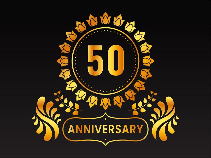 Foto logo van het gouden embleem van het 50ste jubileum op zwarte achtergrond