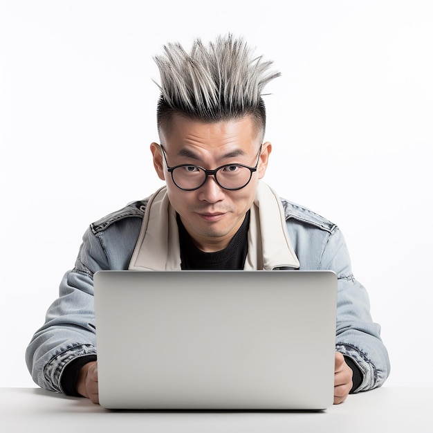 Logo voor Japanse man met zachte mohawk en bril op computer