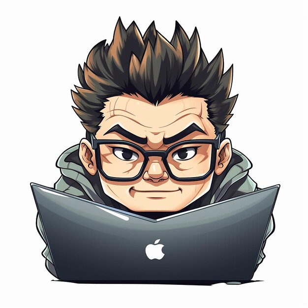 Logo voor Japanse man met zachte mohawk en bril op computer