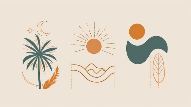 Logos, iconen en symbolen in een moderne minimalistische Boho-stijl, geschikt voor social media, berichten, verhalen en kunstboetieks