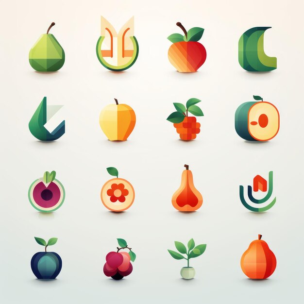 Photo logotypes for apps in the form of fruits trees vegetables and geometric shapes