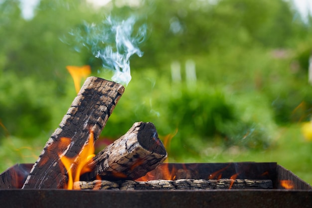 Logs burning in the barbecue mongal with smoke