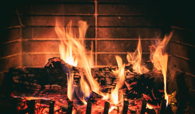 Photo logs burning in a fireplace