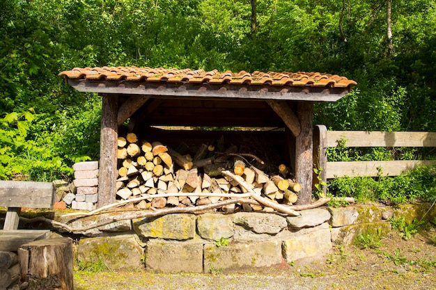 Logs in structure against trees