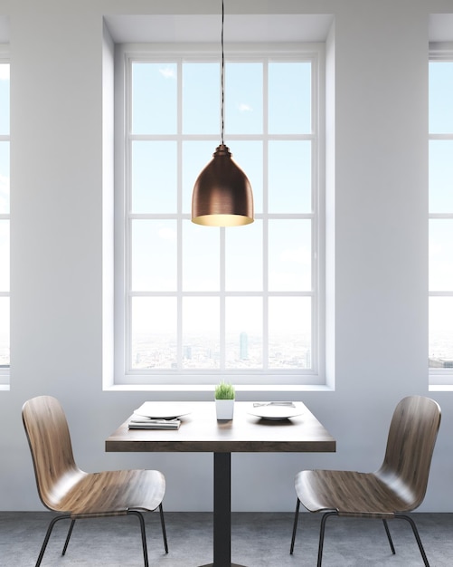 Lokaal kantine-interieur Vierkante tafel met houten stoelen ernaast Plafondlamp Groot raam Concept van lokale zaken 3D-rendering