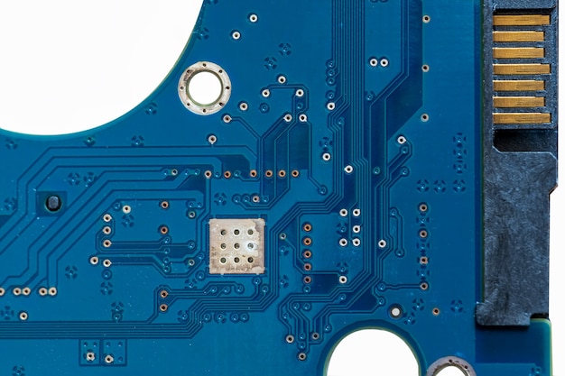 Lokale close-up van blauwe printplaat circuit van mechanische harde schijf