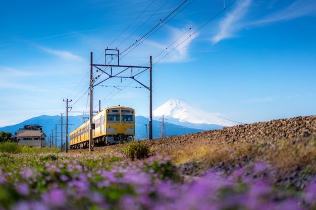 lokale trein van JR Izuhakone Tetsudo-Sunzu Line en Mt. Fuji in Mishima, Shizuoka, Japan