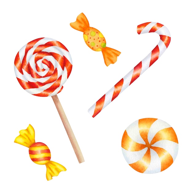 Lollipop on stick and candy cane set of christmas caramels in red yellow orange and white stripes