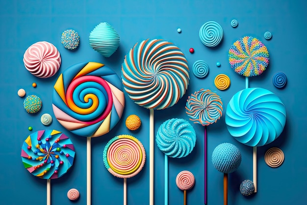 Lollipops in different colors and shapes on blue background generative ai