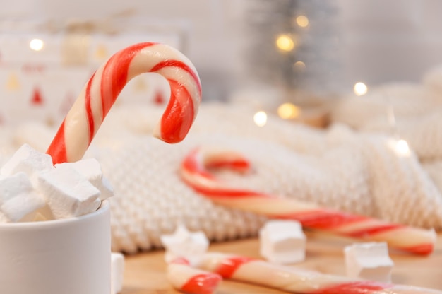 나무 배경에 격자 무늬가 있는 흰색 머그에 막대 사탕과 마시멜로 크리스마스 과자