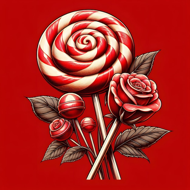 Lollipops and roses on a red background Vector illustration