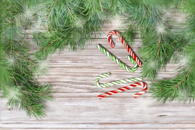 Lollipops with pine branches on wooden table