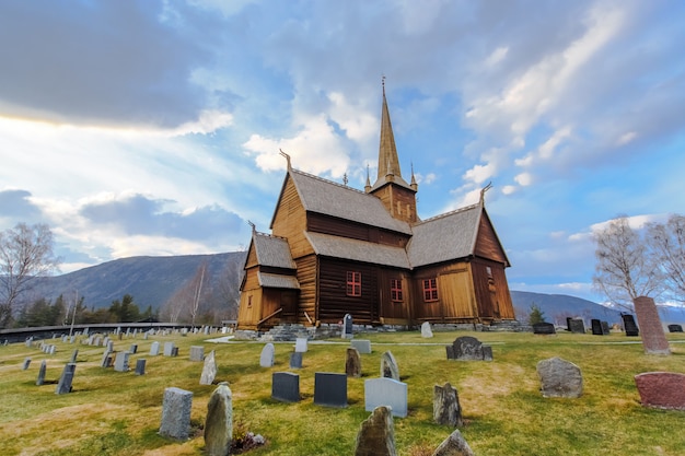 Lom stave church with graveyard foreground