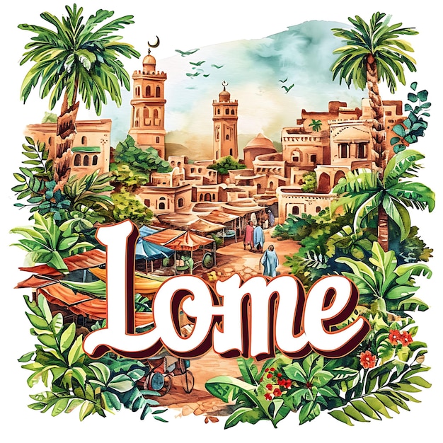 Lome Text With Elegant Arabic Script Typography Design Style Watercolor Lanscape Arts Collection