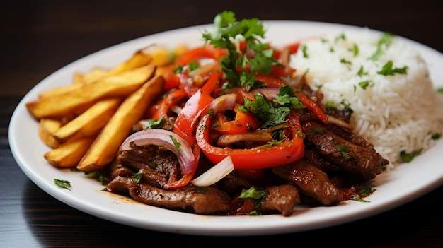 Lomo Saltado Peruvian StirFry Sirloin with Rice and Fries