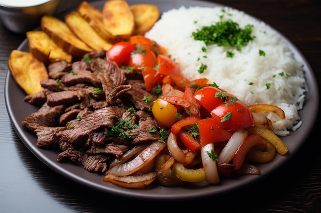 Lomo Saltado Peruvian StirFry Sirloin with Rice and Fries