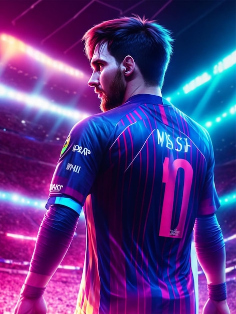 Lonal Messi with a ball waring barsa jersey cyber punk neon light 4k image