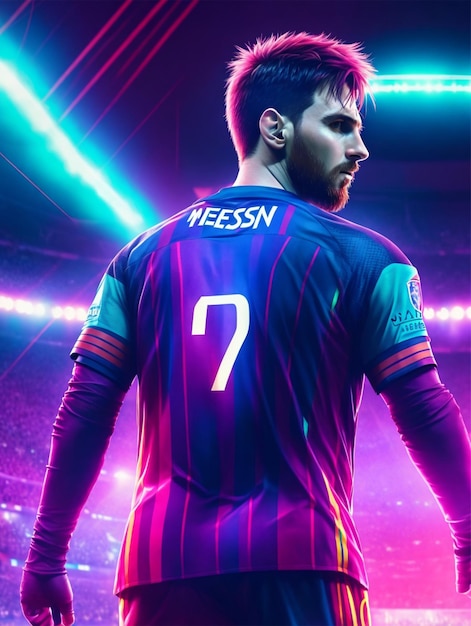 Foto lonal messi con un'immagine 4k della luce al neon cyber punk della maglia di barsa di waring della palla