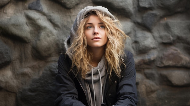 Photo londe girl is looking up by sitting on bench aigenerated