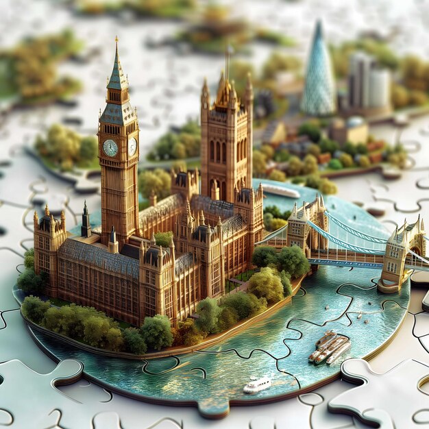 London in 8k 3D Surreal Puzzle with Realistic Details and Coastal Scenery