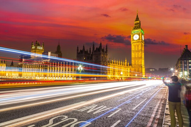 London Big Ben and traffic on Westminster Bridge