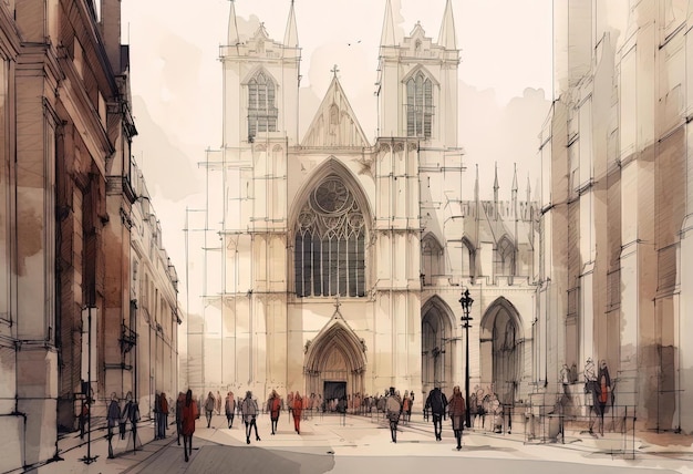 london cathedral and with people walking on the street in the style of minimalistic drawings