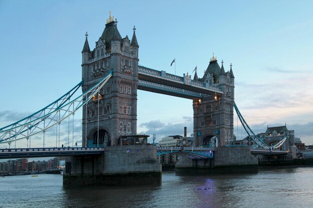 London England December 21 2012 Tower Bridge at sunset bottom view from the rive Thames embankment