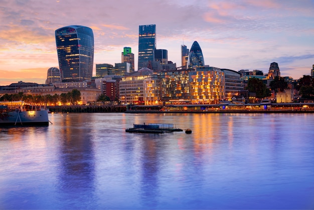 London financial district skyline sunset