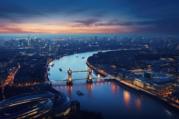 Лондонский горизонт с Тауэр-Бридж в сумерках Англия Соединенное Королевство Панорамный вид на Лондон и Темзу в сумерках с Tower Brid AI Generated