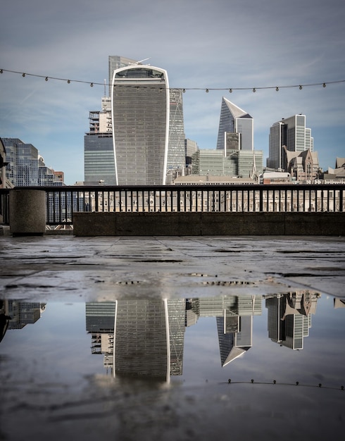 London skyline with the WalkieTalkie reflected in the puddle on the rooftop