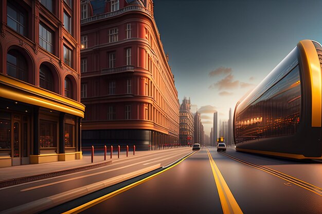 A London street scene with a train on the right side